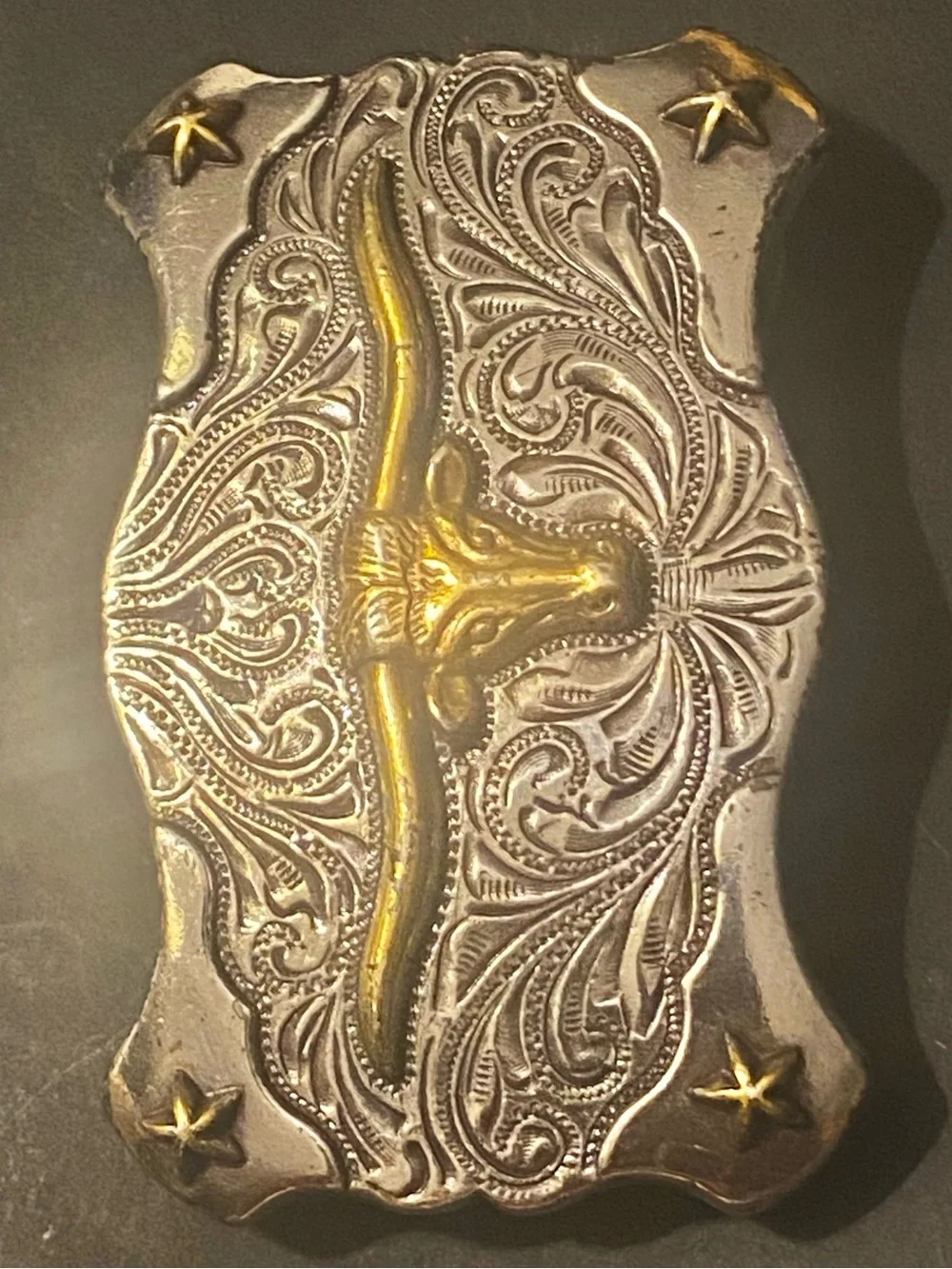Vintage Western Style Longhorn Steer Belt Buckle Two-Tone Silver & Gold Draign